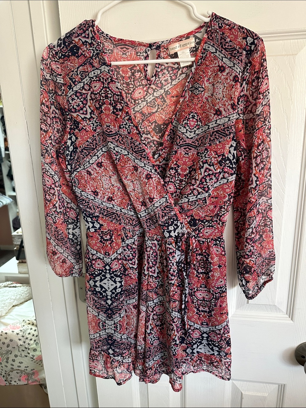 Band of Gypsies Pink, Navy and White Printed Long-Sleeve Wrap Romper